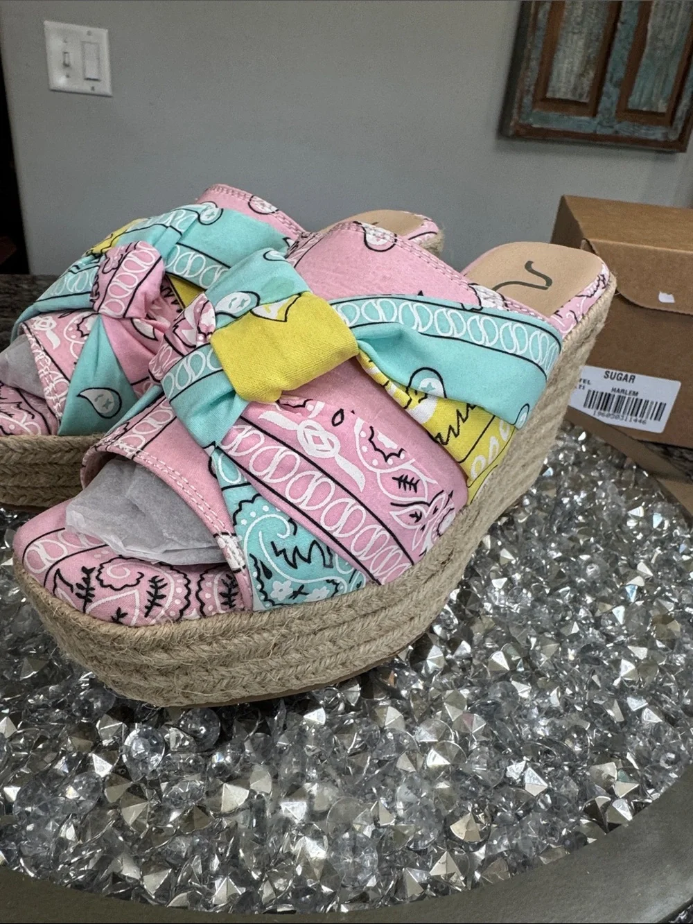 Sugar Bandana-Print Rope Wedge espadrilles Slides in NWT 6